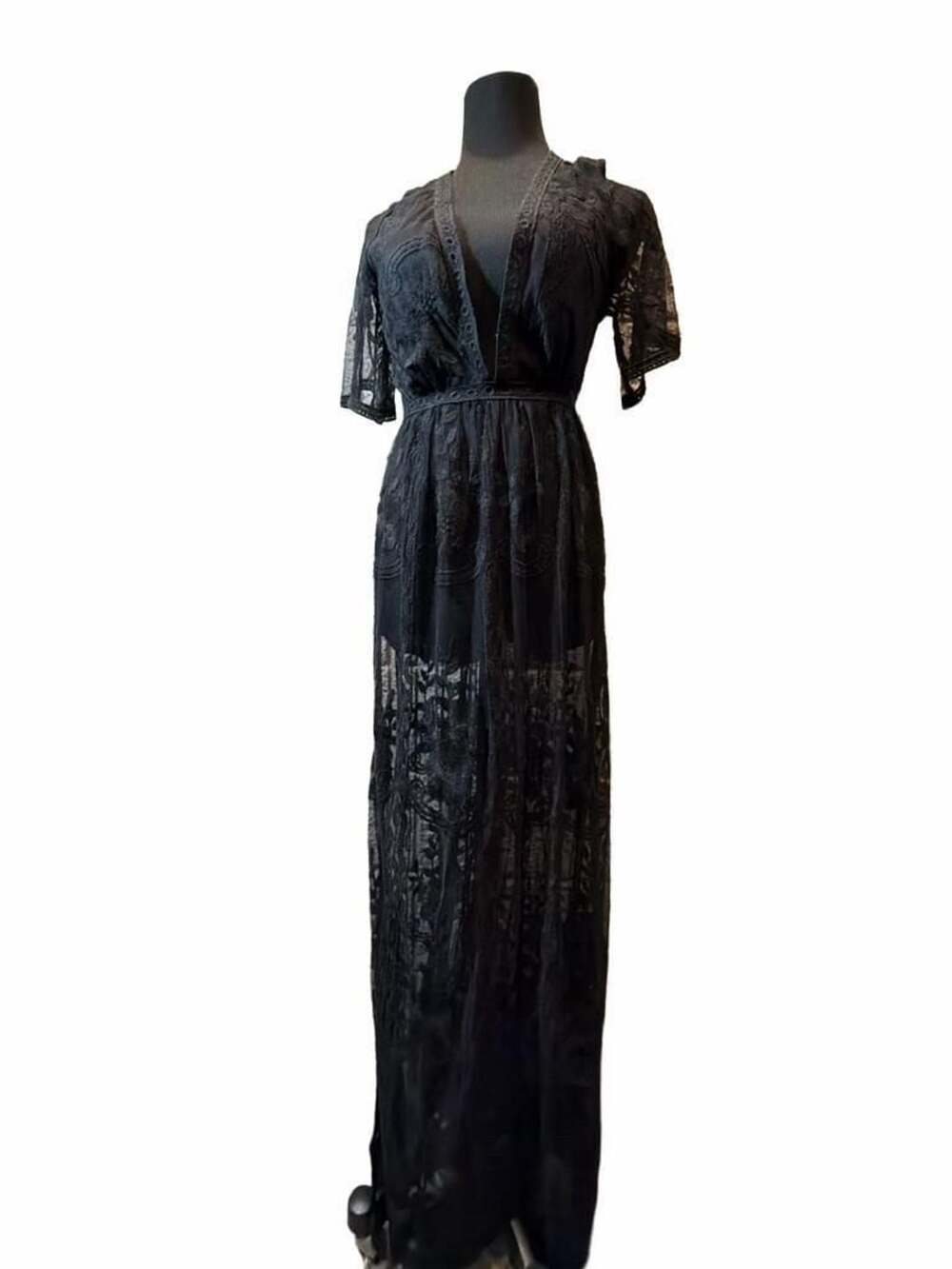 642 Haute Monde Black Lace Overlay Maxi Romper Size M
